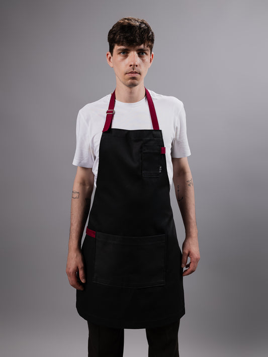 Șorț negru chef NOA – ediție profesională cu bretele burgundy