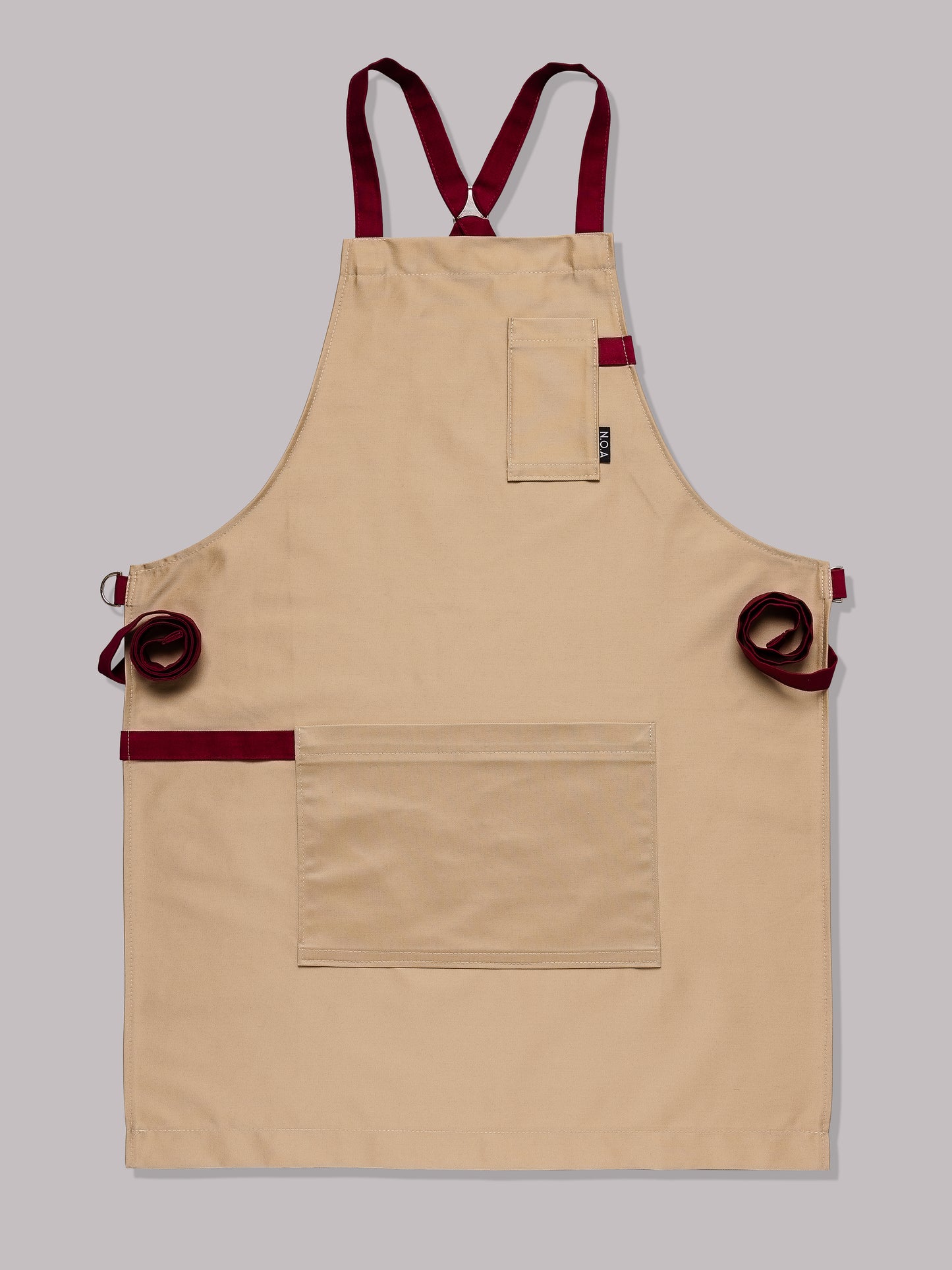 Șorț bej chef NOA cu bretele burgundy in X