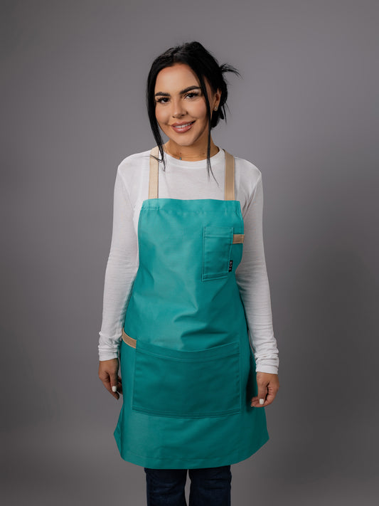 Șorț turcoaz chef NOA cu bretele bej in X