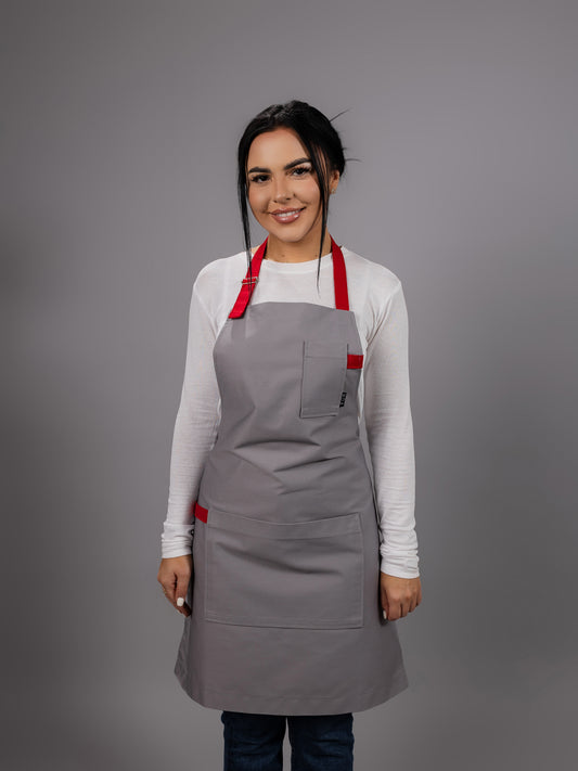 Șorț gri chef bucătar NOA – ediție profesională cu bretele rosii