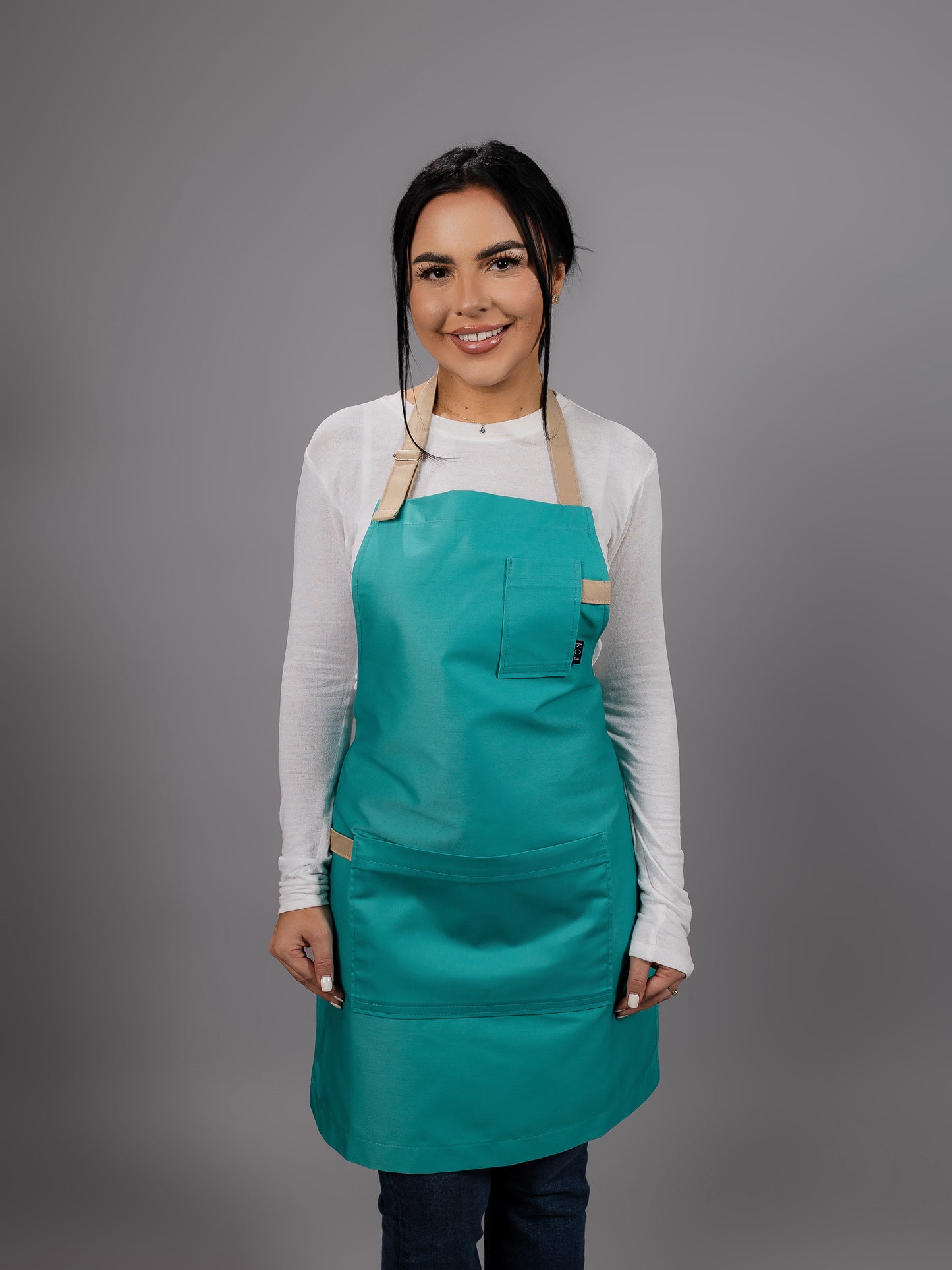 Șorț turcoaz chef bucătar NOA – ediție profesională cu bretele bej
