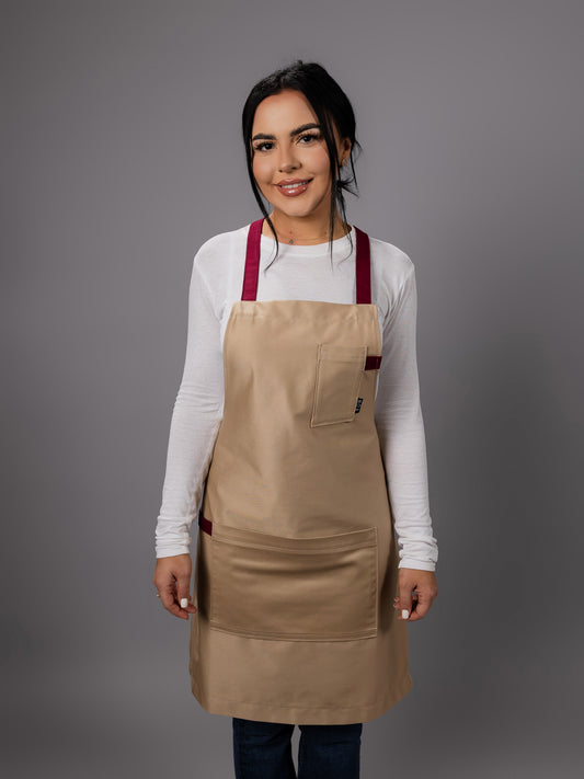Șorț bej chef NOA cu bretele burgundy in X