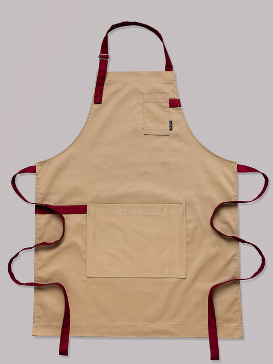 Șorț bej chef bucătar NOA – ediție profesională cu bretele burgundy
