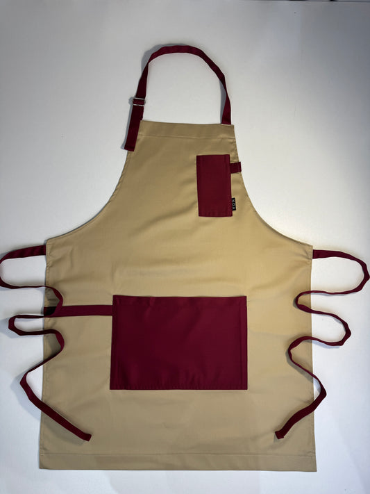 Șorț bej chef NOA – ediție profesională cu bretele burgundy