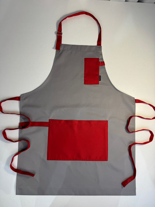 Șorț gri chef NOA – ediție profesională cu bretele rosii