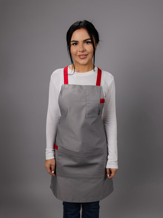 Șorț gri chef NOA cu bretele roșii in X