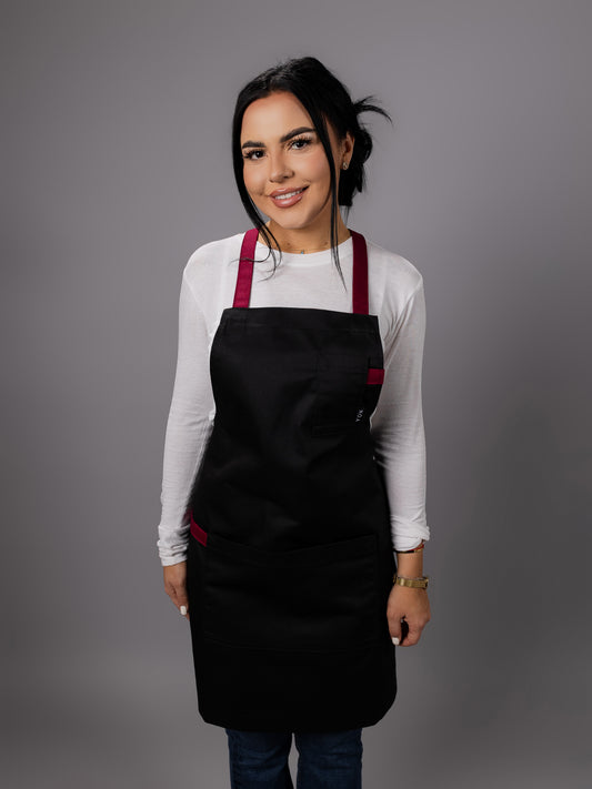 Șorț negru chef NOA cu bretele burgundy in X